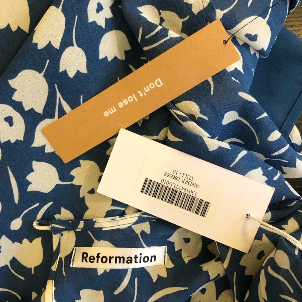 Reformation blue white floral tulip Andre midi Georgette dress size 10 NWT - Picture 8 of 9